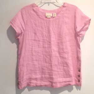 Cynthia Rowley Pink 100% Linen Short Sleeve Side Button Loose Fit Top Washable M